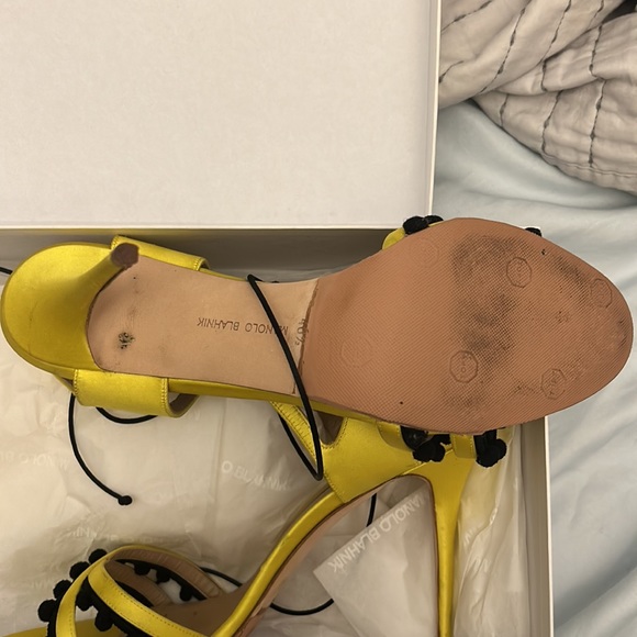 Manolo Blahnik Esparra Satin Yellow Stiletto Heels - Picture 7 of 10